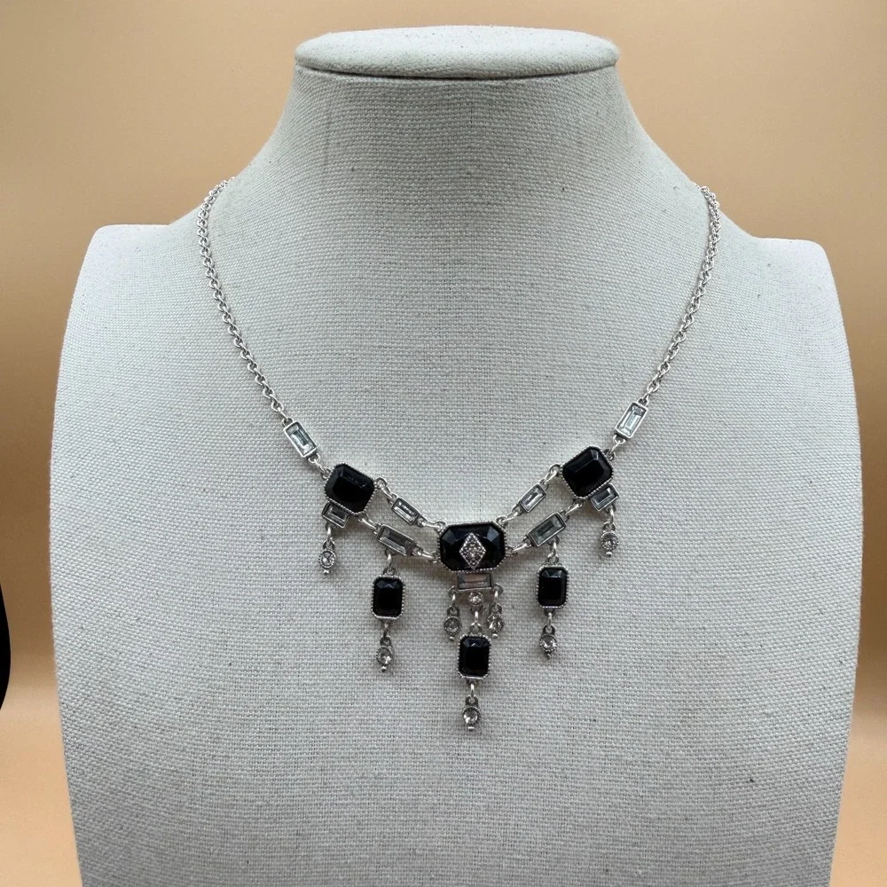 Black Faceted Crystal Rhinestone Silver Tone Dangle Bib Statement Necklace Deco